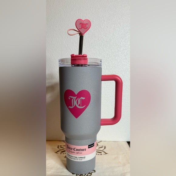 Juicy Couture Sparkly Glitter Gray & Hot Pink Tumbler with Straw Topper 40oz - Picture 1 of 5